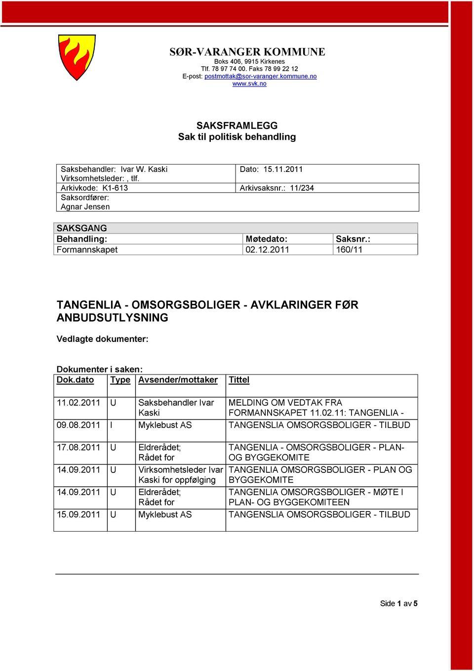 : 16/11 TANGENLIA - OMSORGSBOLIGER - AVKLARINGER FØR ANBUDSUTLYSNING Vedlagte dokumenter: Dokumenter i saken: Dok.dato Type Avsender/mottaker 11.2.211 U 9.8.211 I 17.8.211 U 14.9.211 U 14.9.211 U 15.