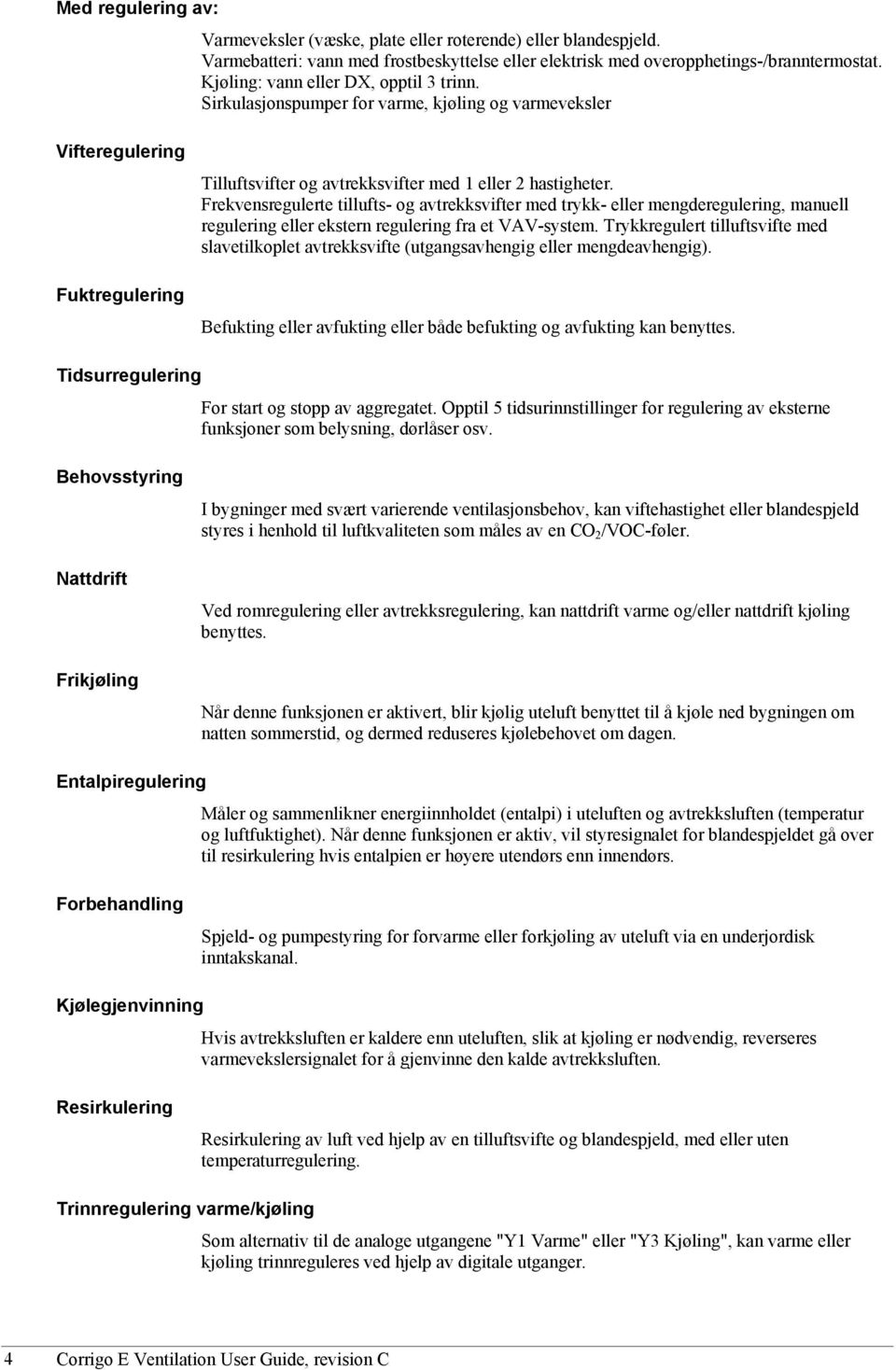 Frekvensregulerte tillufts- og avtrekksvifter med trykk- eller mengderegulering, manuell regulering eller ekstern regulering fra et VAV-system.