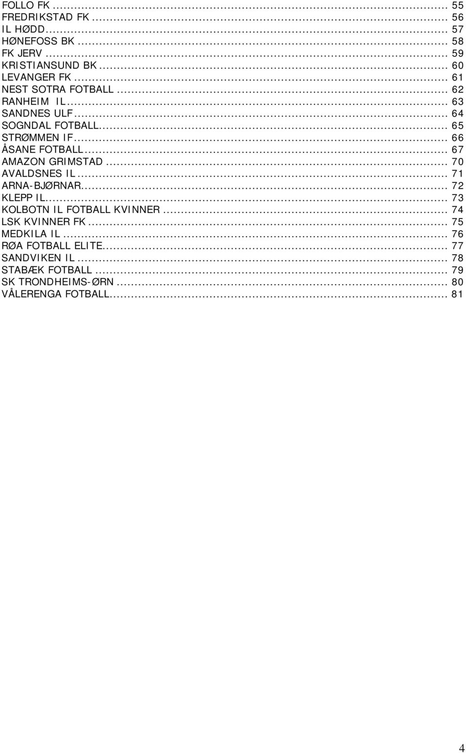 .. 67 AMAZON GRIMSTAD... 70 AVALDSNES IL... 71 ARNA-BJØRNAR... 72 KLEPP IL... 73 KOLBOTN IL FOTBALL KVINNER.