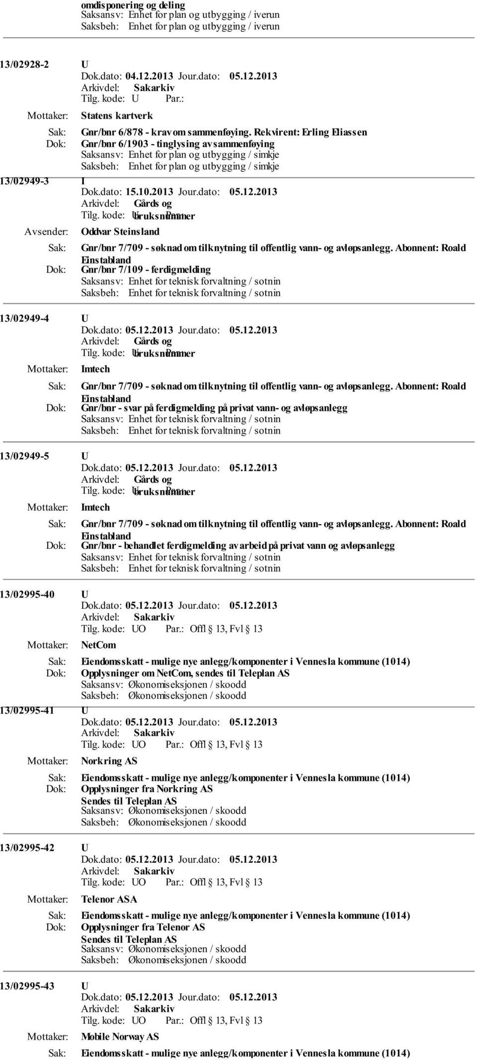 2013 Jour.dato: 05.12.2013 Oddvar Steinsland Gnr/bnr 7/709 - søknad om tilknytning til offentlig vann- og avløpsanlegg.