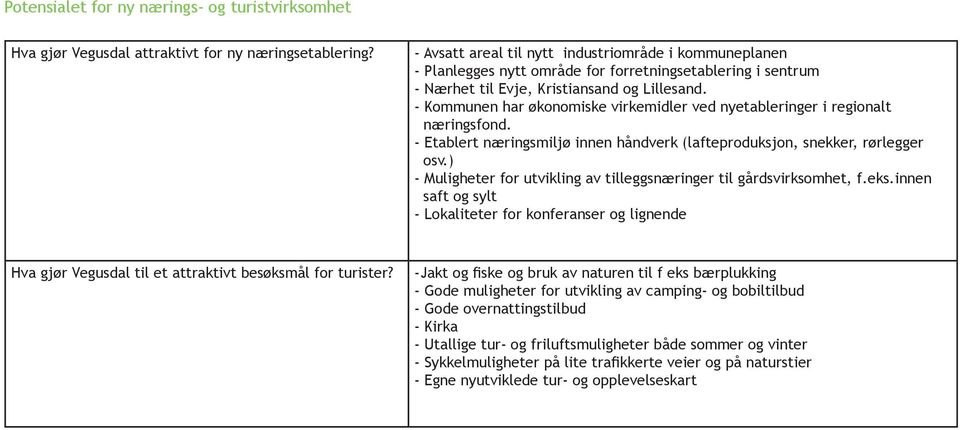 - Kommunen har økonomiske virkemidler ved nyetableringer i regionalt næringsfond. - Etablert næringsmiljø innen håndverk (lafteproduksjon, snekker, rørlegger osv.