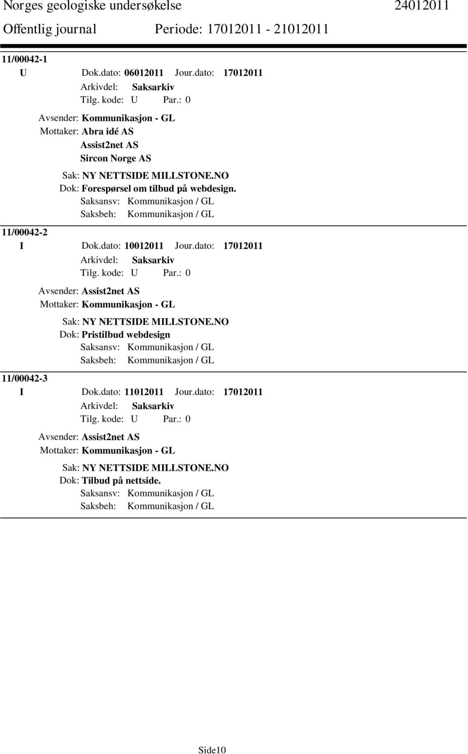 dato: 17012011 Avsender: Assist2net AS Mottaker: Kommunikasjon - GL Sak: NY NETTSIDE MILLSTONE.