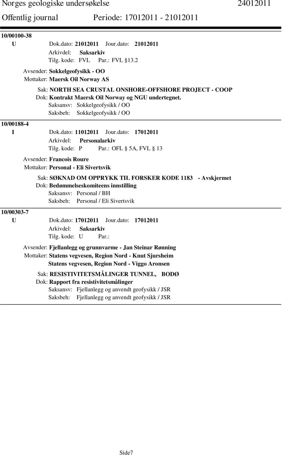 Saksansv: Sokkelgeofysikk / OO Saksbeh: Sokkelgeofysikk / OO 10/00188-4 I Dok.dato: 11012011 Jour.dato: 17012011 Arkivdel: Personalarkiv Tilg. kode: P Par.