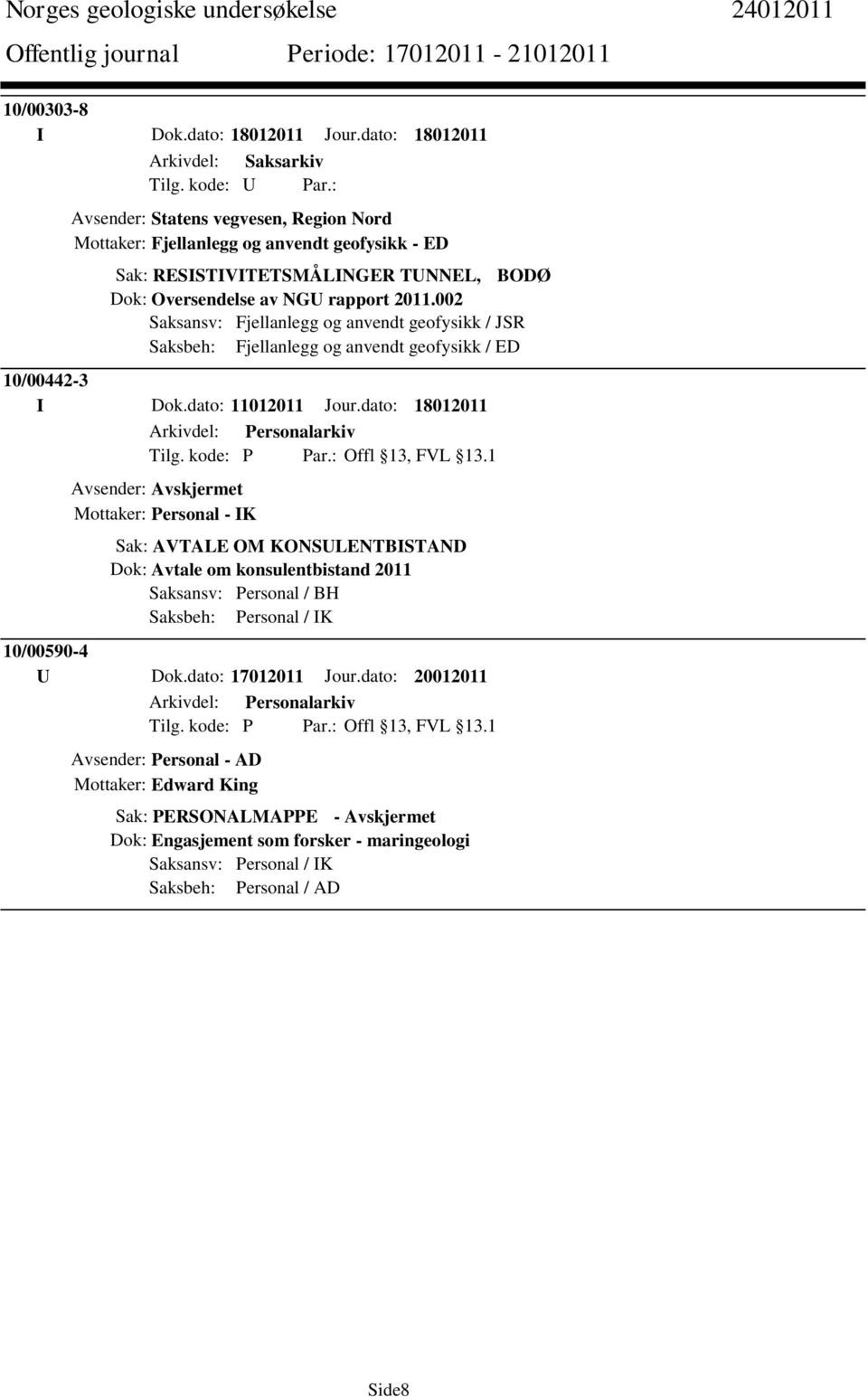 002 Saksansv: Fjellanlegg og anvendt geofysikk / JSR Saksbeh: Fjellanlegg og anvendt geofysikk / ED 10/00442-3 I Dok.dato: 11012011 Jour.dato: 18012011 Arkivdel: Personalarkiv Tilg. kode: P Par.