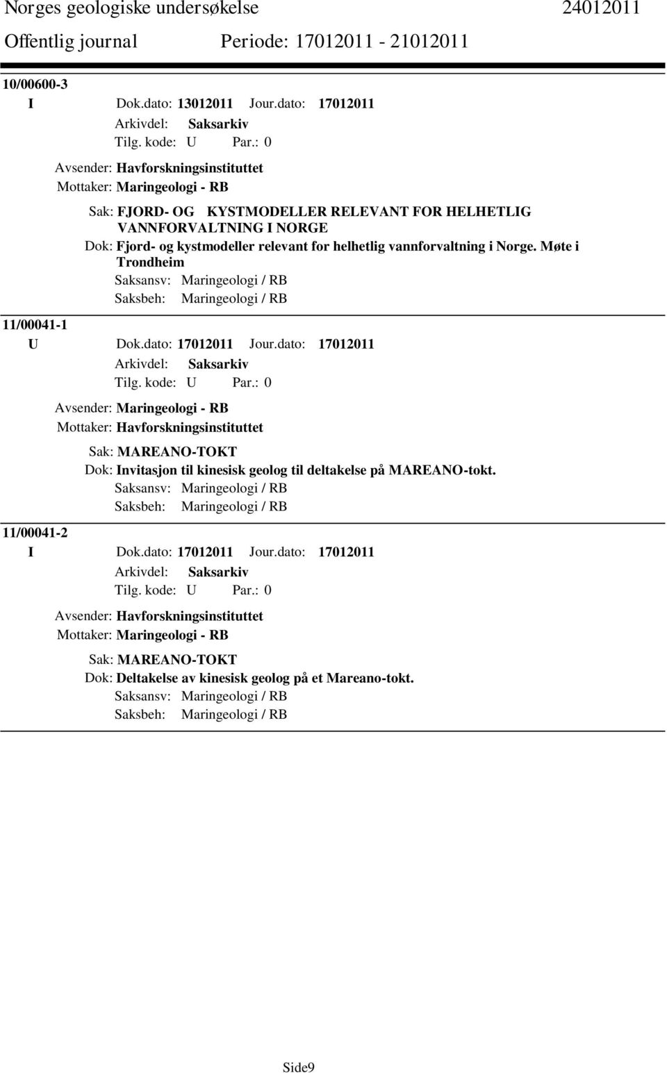 for helhetlig vannforvaltning i Norge. Møte i Trondheim Saksbeh: Maringeologi / RB 11/00041-1 U Dok.dato: 17012011 Jour.