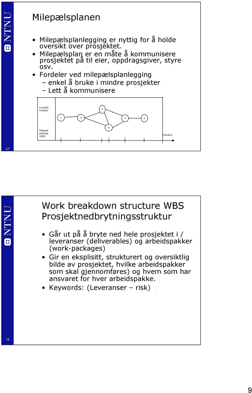 Fordeler ved milepælsplanlegging enkel å bruke i mindre prosjekter Lett å kommunisere 17 17 Work breakdown structure WBS Prosjektnedbrytningsstruktur Går