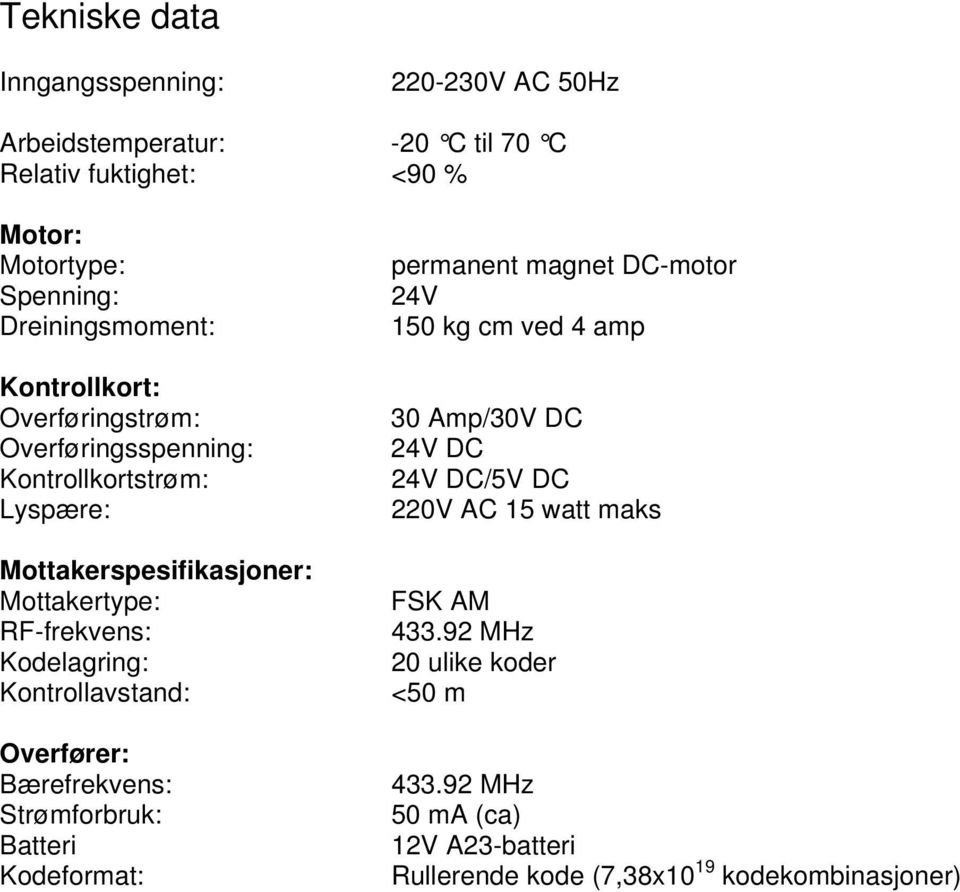 Kodelagring: Kontrollavstand: Overfører: Bærefrekvens: Strømforbruk: Batteri Kodeformat: permanent magnet DC-motor 24V 150 kg cm ved 4 amp 30 Amp/30V