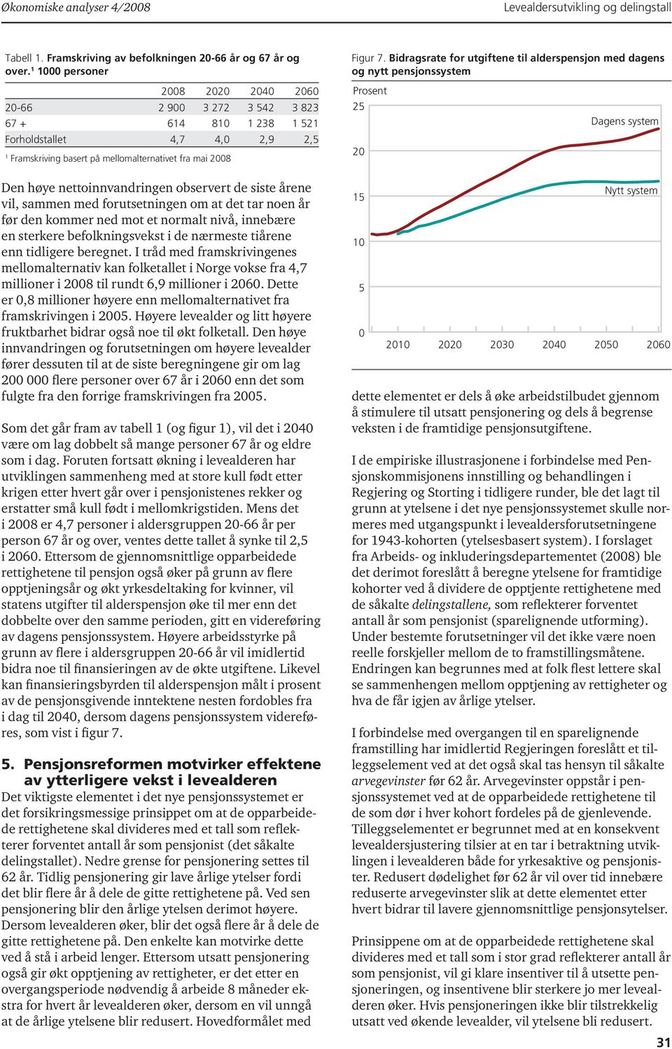 Bidragsrate for utgiftene til alderspensjon med dagens og nytt pensjonssystem Prosent 25 2 Dagens system Den høye nettoinnvandringen observert de siste årene vil, sammen med forutsetningen om at det