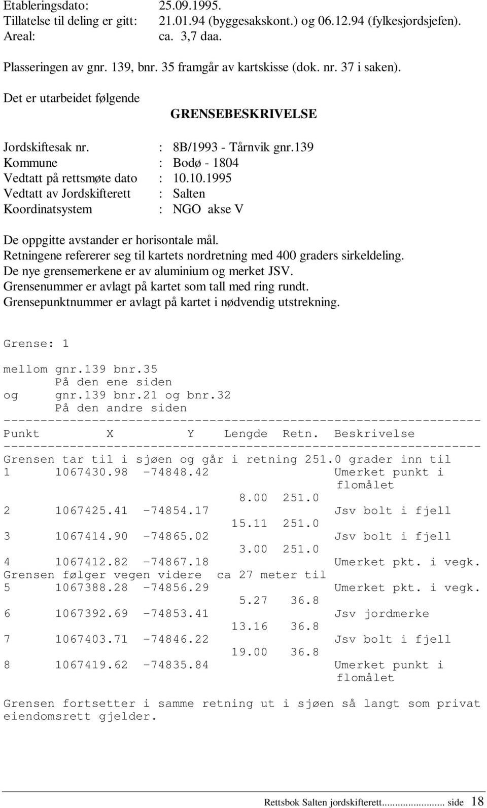 10.1995 Vedtatt av Jordskifterett : Salten Koordinatsystem : NGO akse V De oppgitte avstander er horisontale mål. Retningene refererer seg til kartets nordretning med 400 graders sirkeldeling.