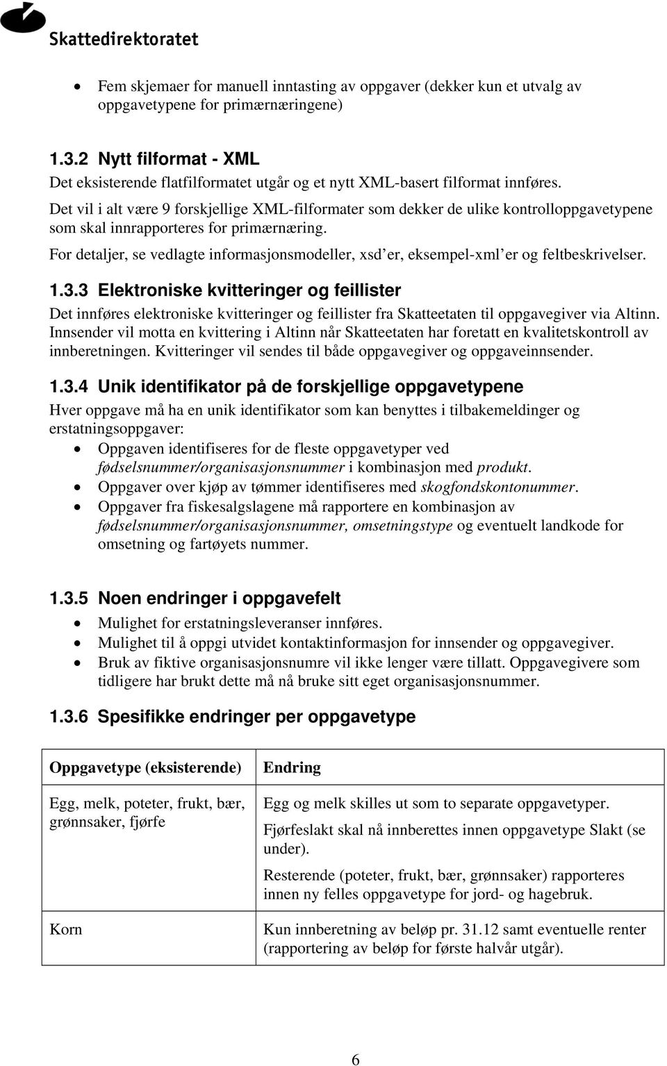 Det vil i alt være 9 forskjellige XML-filformater som dekker de ulike kontrolloppgavetypene som skal innrapporteres for primærnæring.