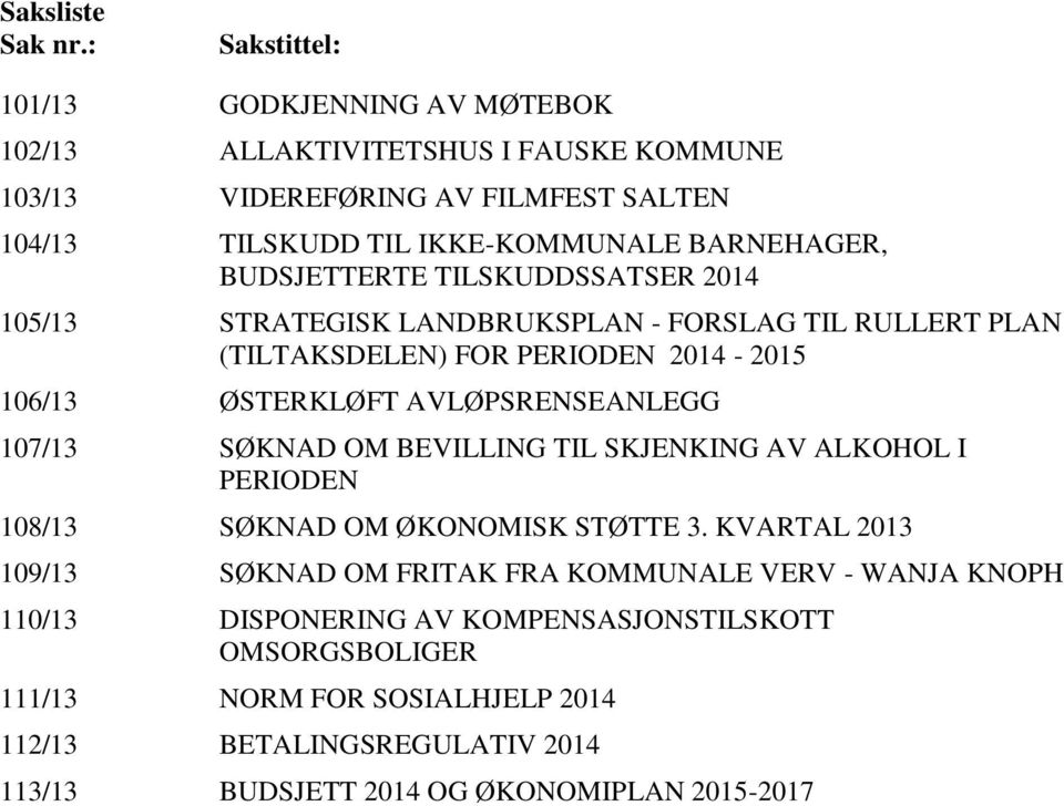 BUDSJETTERTE TILSKUDDSSATSER 2014 105/13 STRATEGISK LANDBRUKSPLAN - FORSLAG TIL RULLERT PLAN (TILTAKSDELEN) FOR PERIODEN 2014-2015 106/13 ØSTERKLØFT AVLØPSRENSEANLEGG 107/13