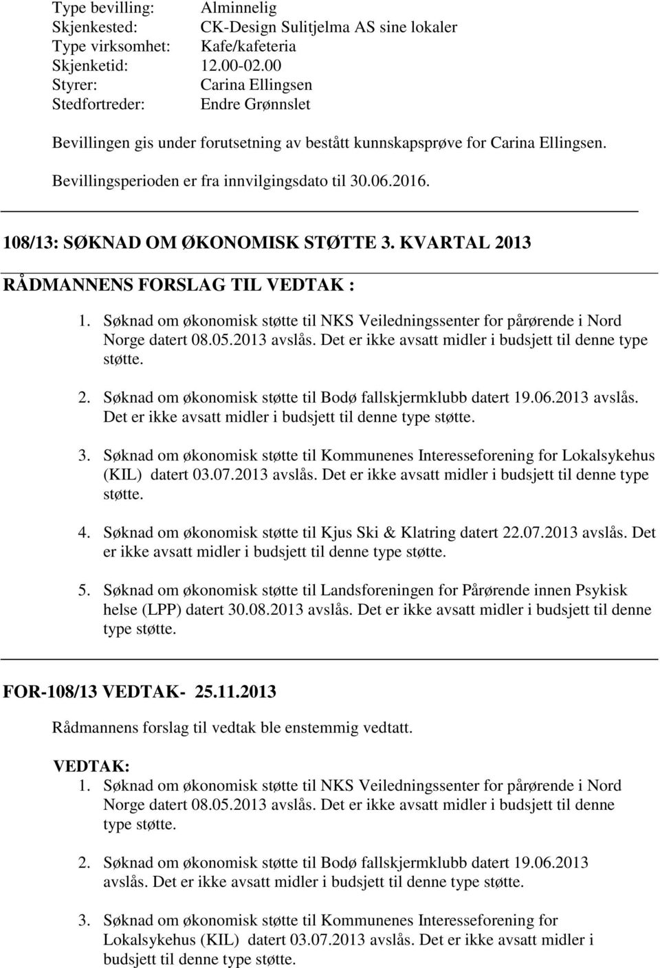 108/13: SØKNAD OM ØKONOMISK STØTTE 3. KVARTAL 2013 RÅDMANNENS FORSLAG TIL VEDTAK : 1. Søknad om økonomisk støtte til NKS Veiledningssenter for pårørende i Nord Norge datert 08.05.2013 avslås.