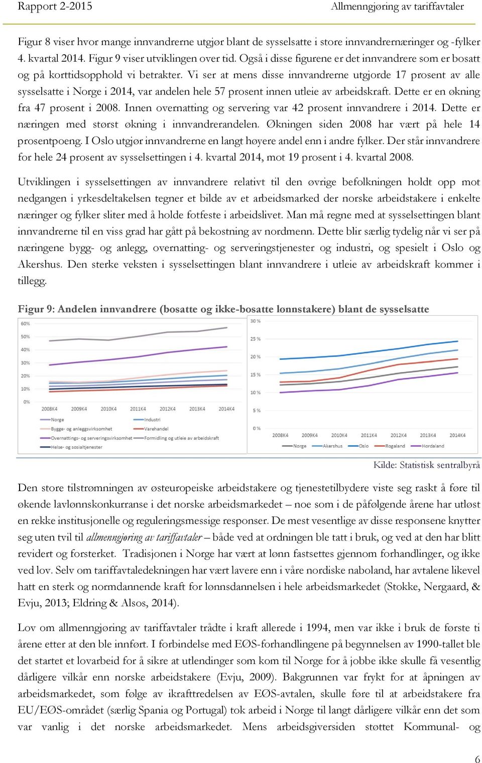 Vi ser at mens disse innvandrerne utgjorde 17 prosent av alle sysselsatte i Norge i 2014, var andelen hele 57 prosent innen utleie av arbeidskraft. Dette er en økning fra 47 prosent i 2008.