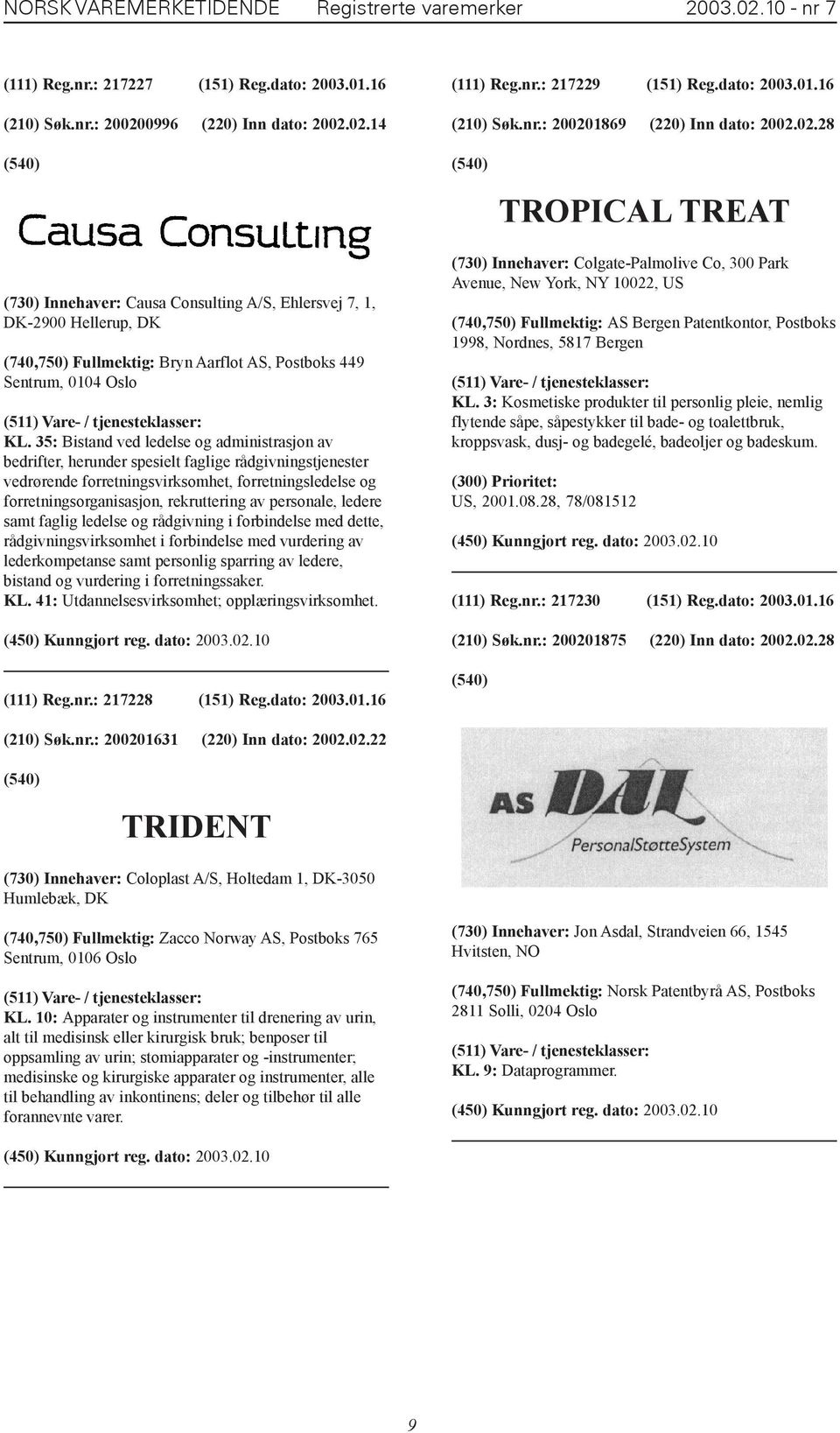 1869 (220) Inn dato: 2002.02.28 TROPICAL TREAT (730) Innehaver: Causa Consulting A/S, Ehlersvej 7, 1, DK-2900 Hellerup, DK (740,750) Fullmektig: Bryn Aarflot AS, Postboks 449 Sentrum, 0104 Oslo KL.