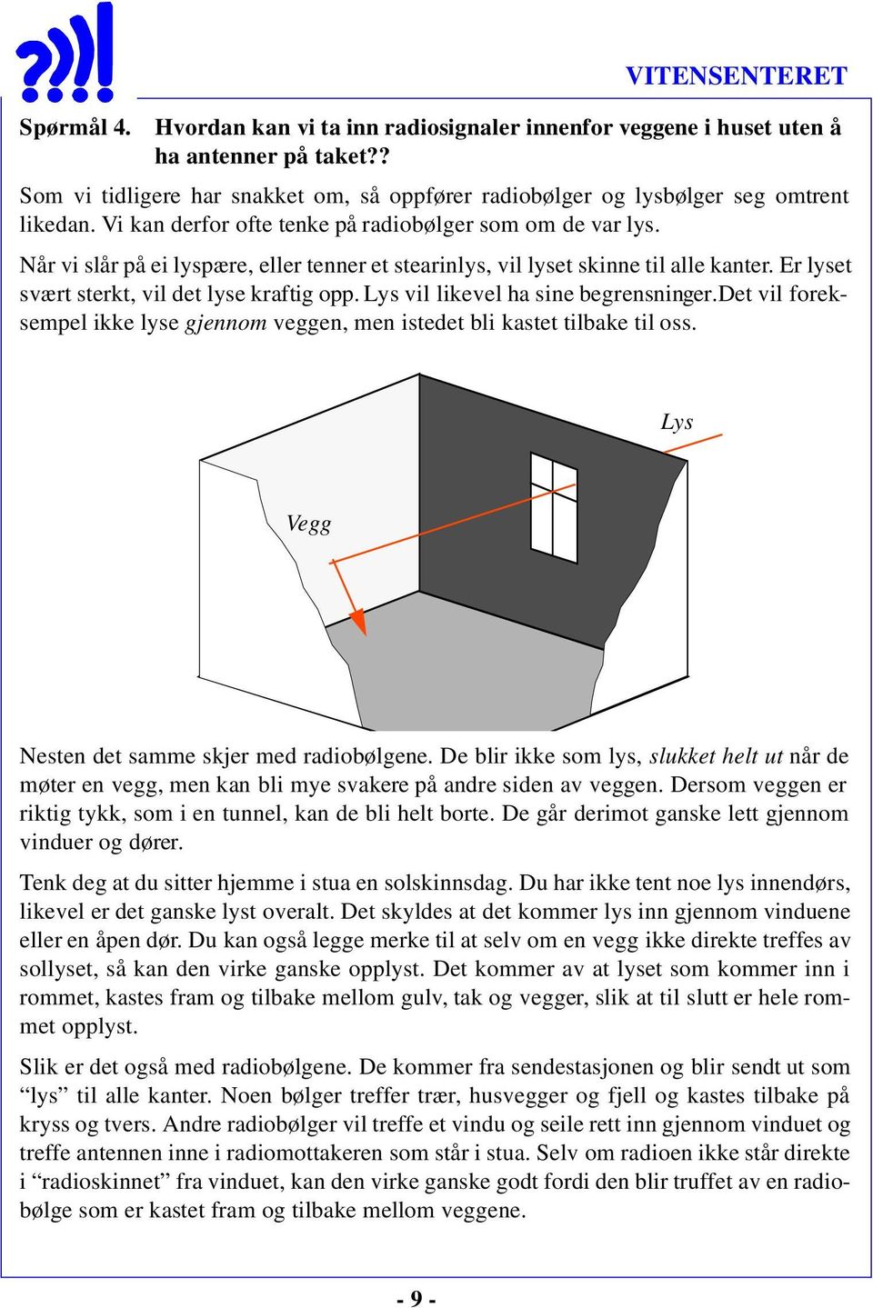 Lys vil likevel ha sine begrensninger.det vil foreksempel ikke lyse gjennom veggen, men istedet bli kastet tilbake til oss. Lys Vegg Nesten det samme skjer med radiobølgene.