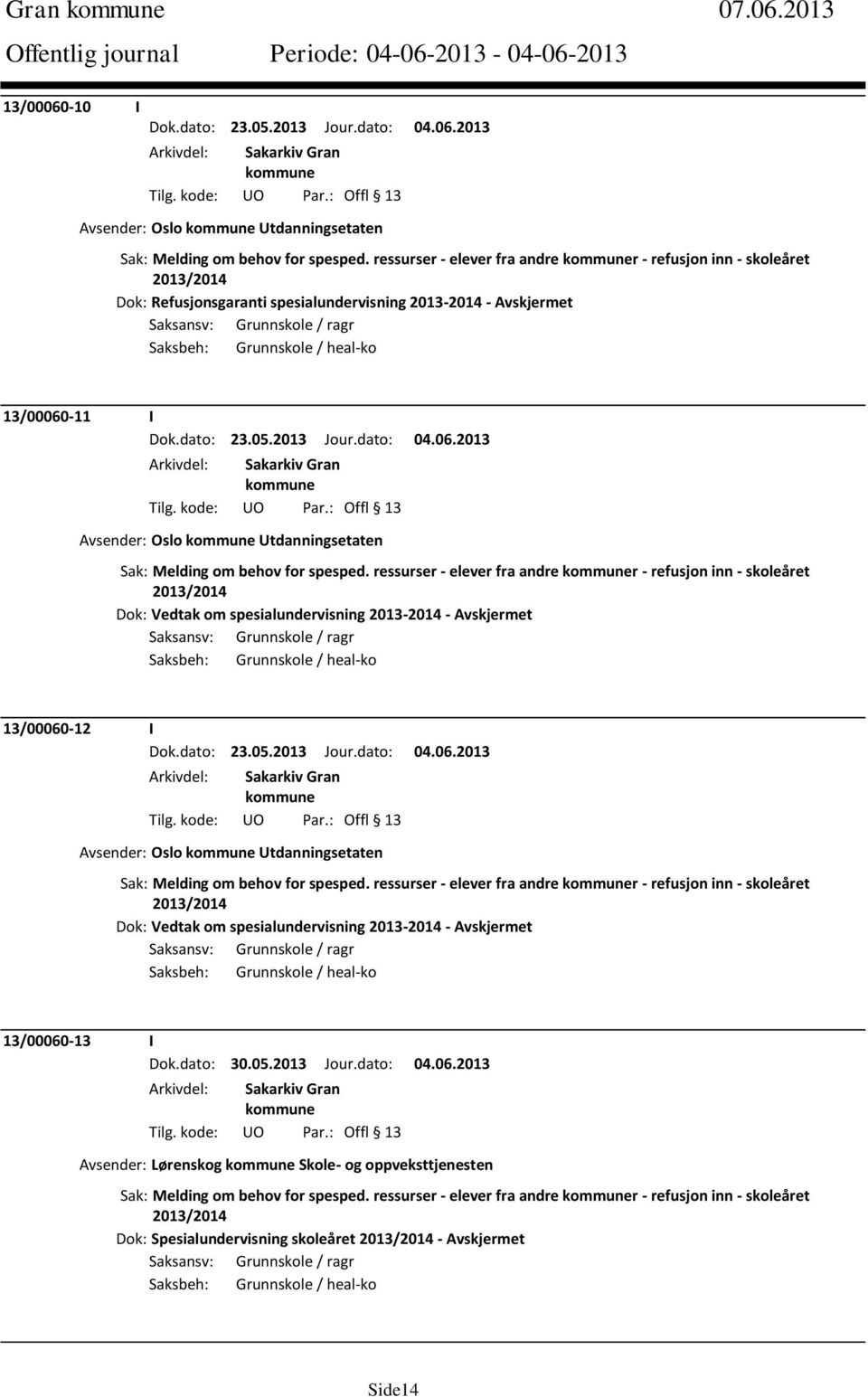 13/00060-11 I Dok.dato: 23.05.2013 Jour.dato: 04.06.2013 Avsender: Oslo Utdanningsetaten Sak: Melding om behov for spesped.