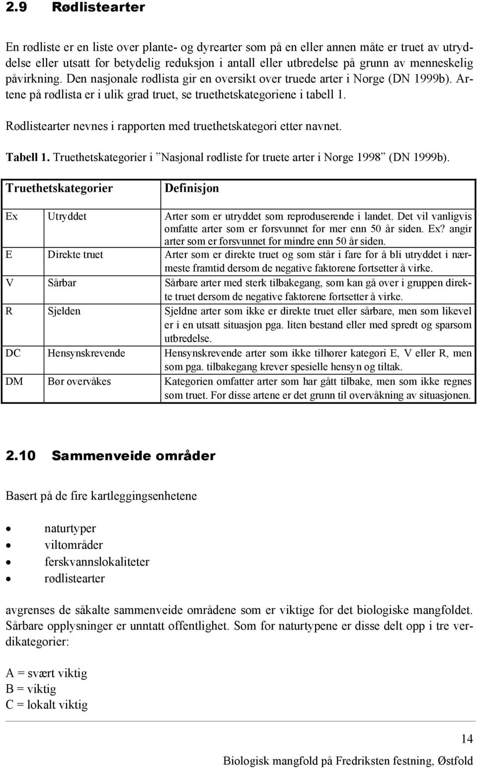 Rødlistearter nevnes i rapporten med truethetskategori etter navnet. Tabell 1. Truethetskategorier i Nasjonal rødliste for truete arter i Norge 1998 (DN 1999b).