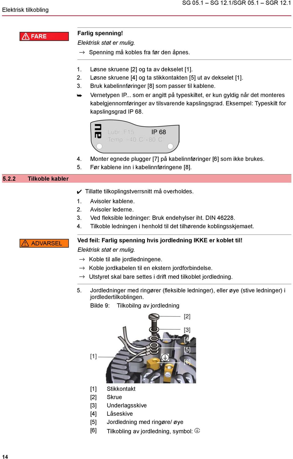 .. som er angitt på typeskiltet, er kun gyldig når det monteres kabelgjennomføringer av tilsvarende kapslingsgrad. Eksempel: Typeskilt for kapslingsgrad IP 68. 4.