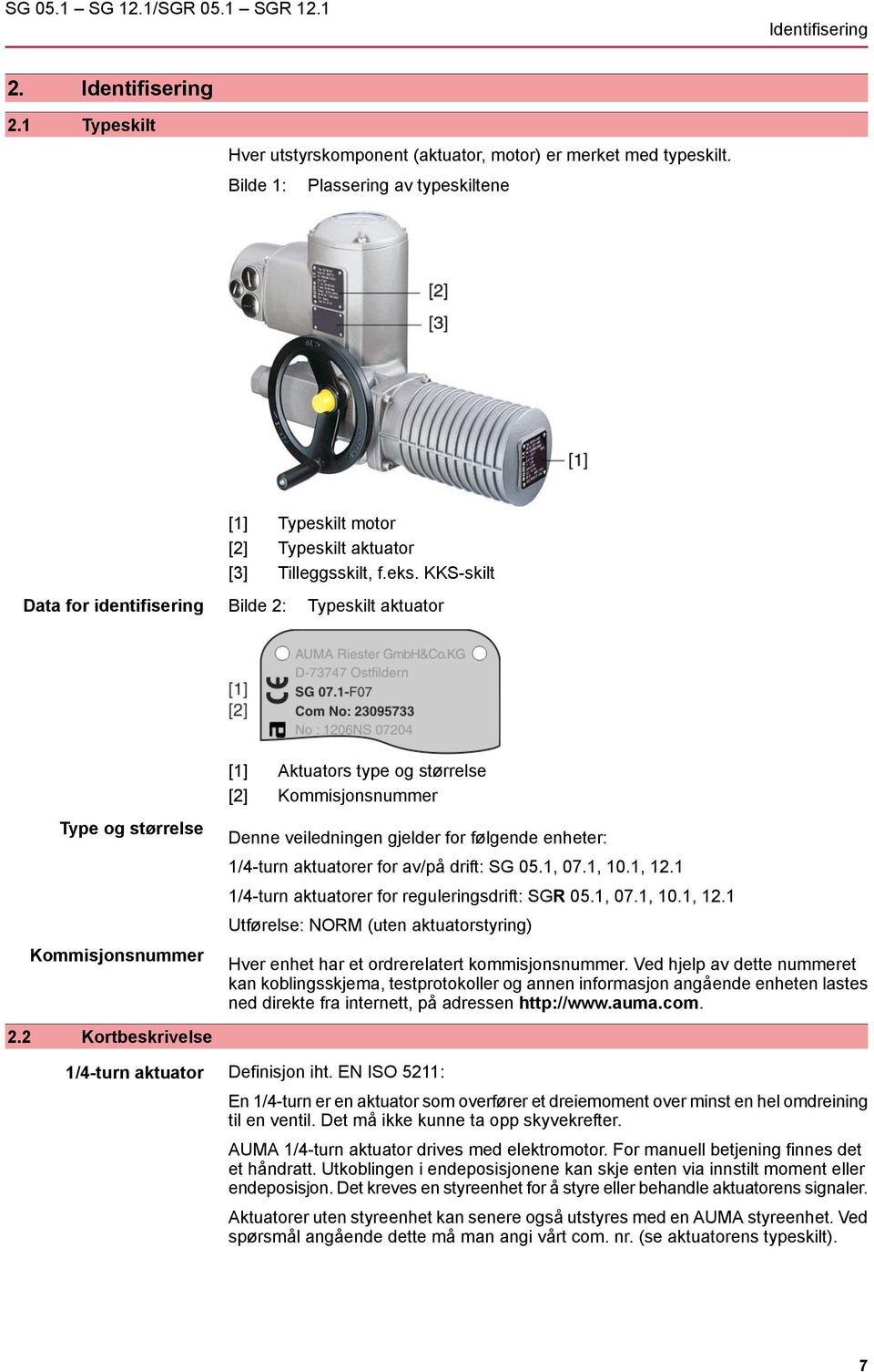 KKS-skilt Data for identifisering Bilde 2: Typeskilt aktuator [1] Aktuators type og størrelse [2] Kommisjonsnummer Type og størrelse Kommisjonsnummer Denne veiledningen gjelder for følgende enheter: