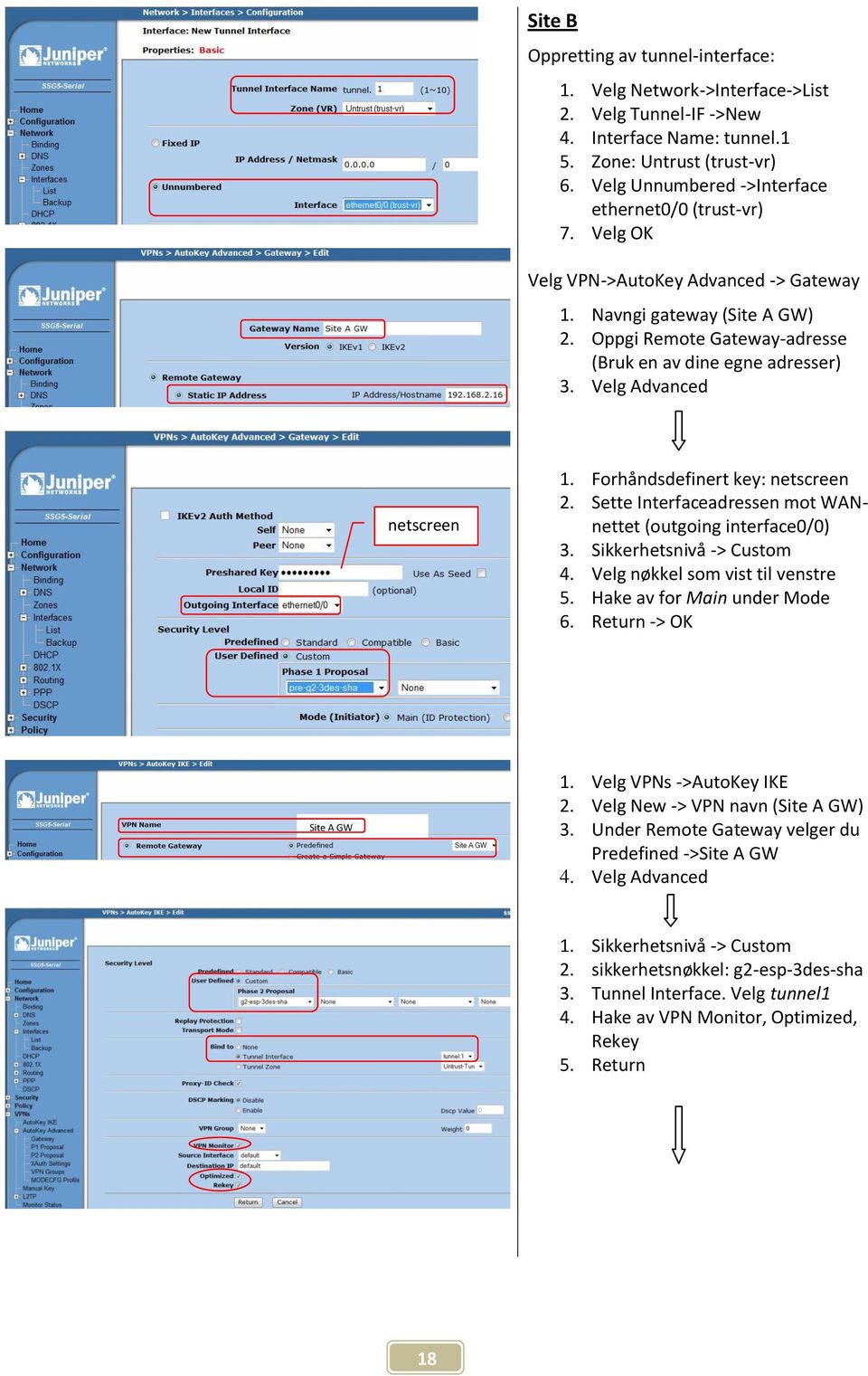 Velg Advanced netscreen 1. Forhåndsdefinert key: netscreen 2. Sette Interfaceadressen mot WANnettet (outgoing interface0/0) 3. Sikkerhetsnivå -> Custom 4. Velg nøkkel som vist til venstre 5.