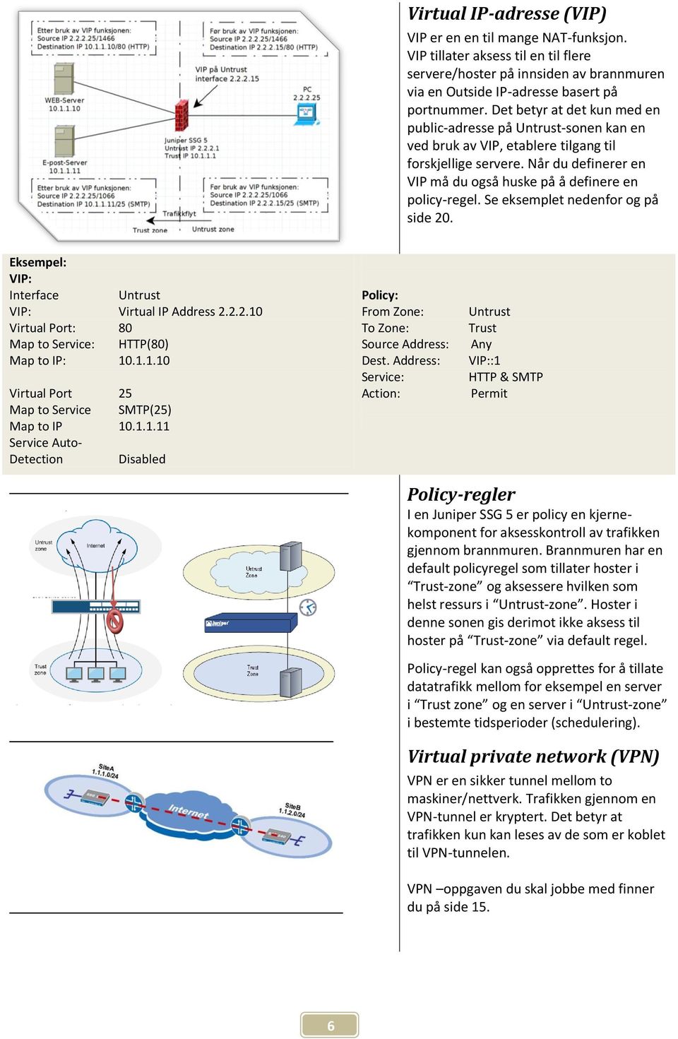 Se eksemplet nedenfor og på side 20. Eksempel: VIP: Interface Untrust VIP: Virtual IP Address 2.2.2.10 Virtual Port: 80 Map to Service: HTTP(80) Map to IP: 10.1.1.10 Virtual Port 25 Map to Service SMTP(25) Map to IP 10.