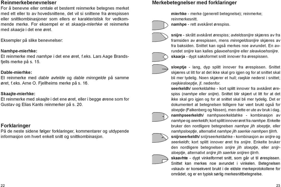 Eksempler på slike benevnelser: Namhpe-mïerhke: Et reinmerke med namhpe i det ene øret, f.eks. Lars Aage Brandsfjells merke på s. 15.