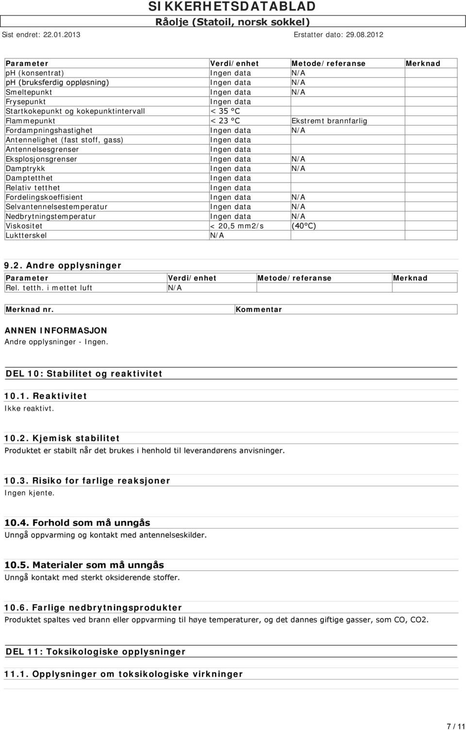 Ingen data N/A Damptrykk Ingen data N/A Damptetthet Ingen data Relativ tetthet Ingen data Fordelingskoeffisient Ingen data N/A Selvantennelsestemperatur Ingen data N/A Nedbrytningstemperatur Ingen