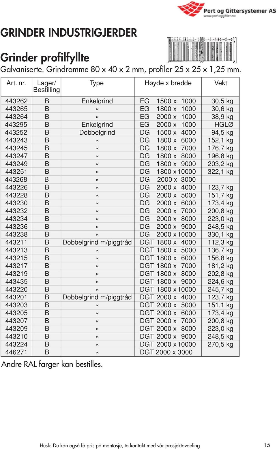 332,00 443295 B Enkelgrind EG 2000 x 1000 HGLØ 3.674,00 443252 B Dobbelgrind DG 1500 x 4000 94,5 kg 9.116,00 443243 B «DG 1800 x 6000 152,1 kg 9.822,00 443245 B «DG 1800 x 7000 176,7 kg 14.