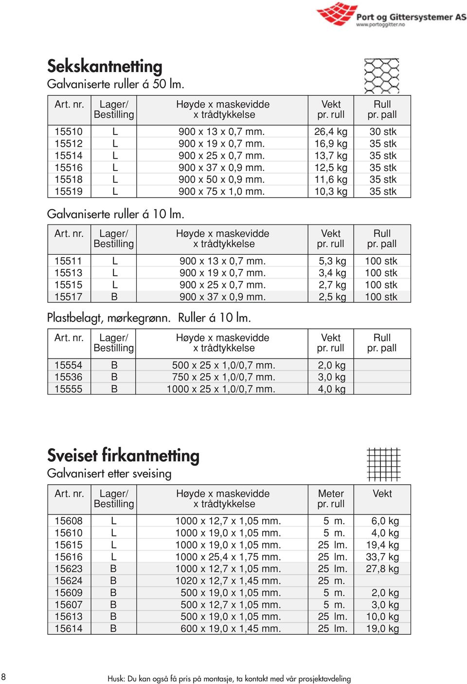 11,6 kg 35 stk 650,00 15519 L 900 x 75 x 1,0 mm. 10,3 kg 35 stk 584,00 Galvaniserte ruller á 10 lm. Art. nr. Lager/ Høyde x maskevidde Vekt Rull Pris Bestilling x trådtykkelse pr. rull pr. pall pr.