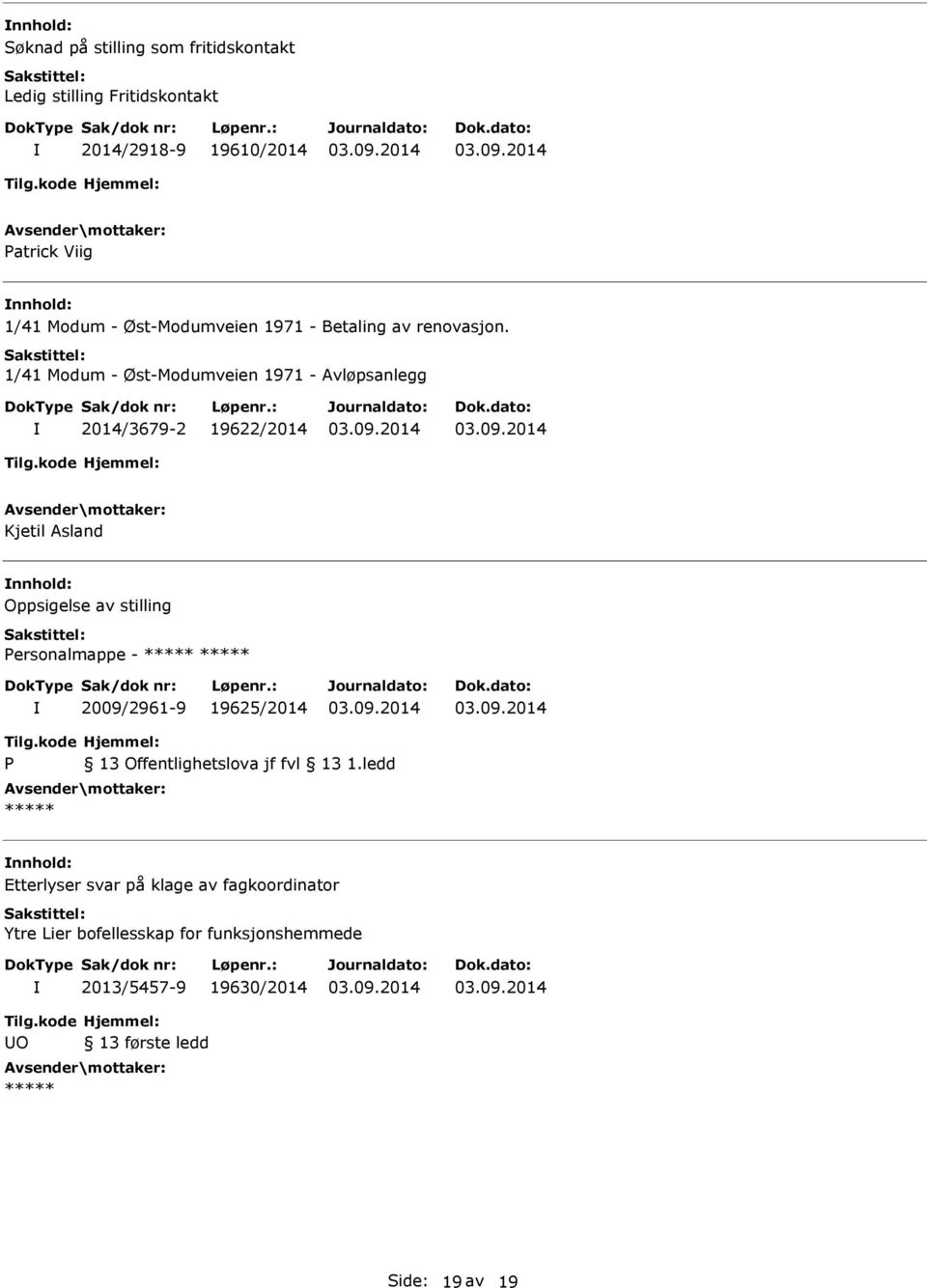 1/41 Modum - Øst-Modumveien 1971 - Avløpsanlegg 2014/3679-2 19622/2014 Kjetil Asland Oppsigelse av stilling Personalmappe