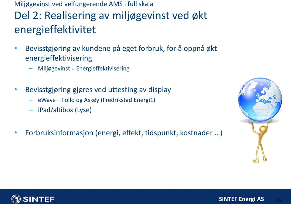 Miljøgevinst = Energieffektivisering Bevisstgjøring gjøres ved uttesting av display ewave Follo og