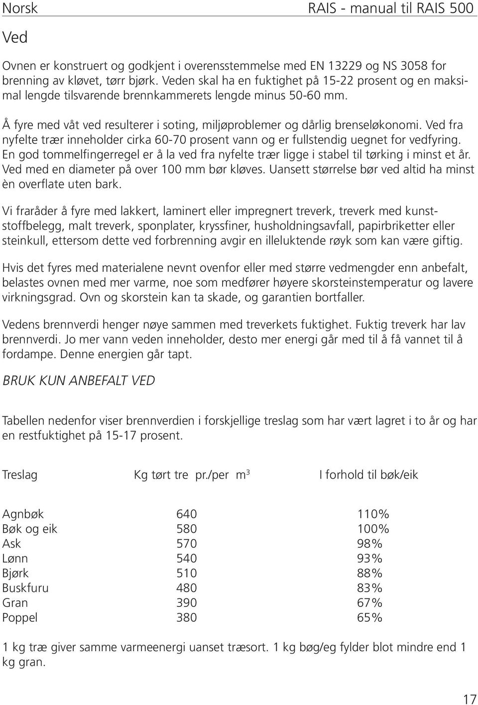 Ved fra nyfelte trær inneholder cirka 60-70 prosent vann og er fullstendig uegnet for vedfyring. En god tommelfingerregel er å la ved fra nyfelte trær ligge i stabel til tørking i minst et år.