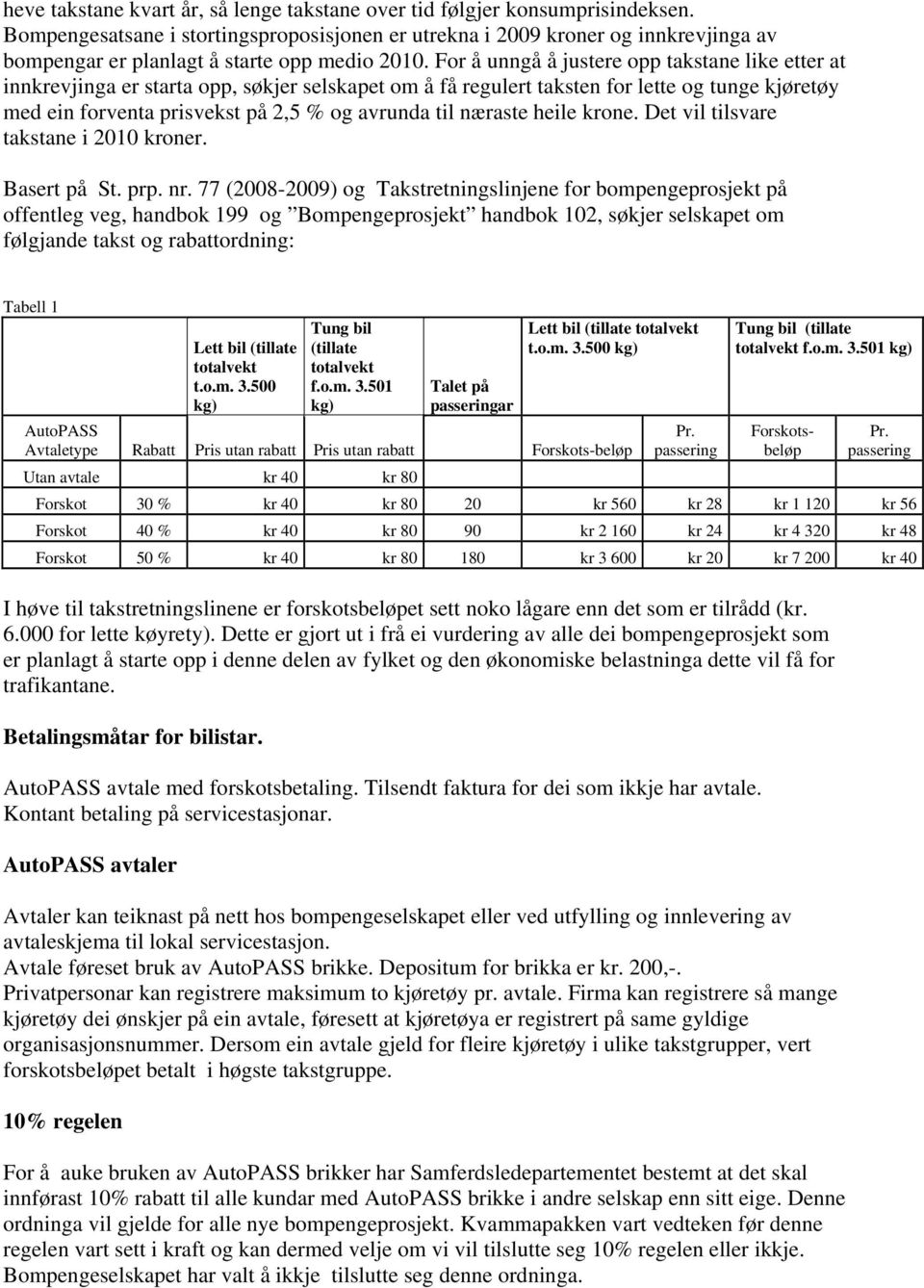 For å unngå å justere opp takstane like etter at innkrevjinga er starta opp, søkjer selskapet om å få regulert taksten for lette og tunge kjøretøy med ein forventa prisvekst på 2,5 % og avrunda til