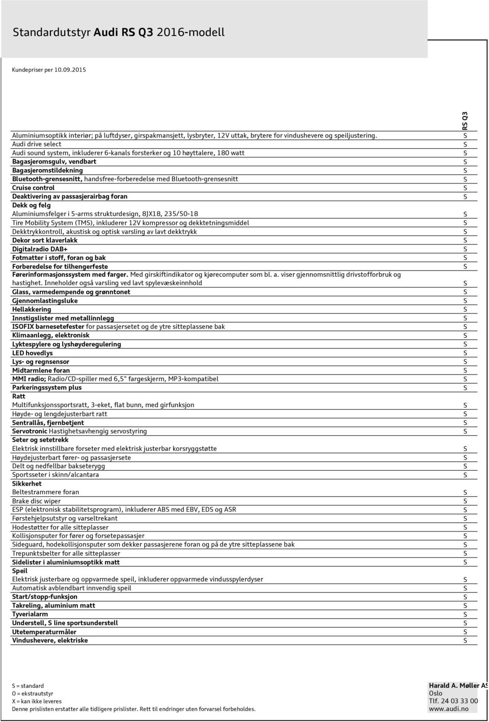 Bluetooth-grensesnitt Cruise control Deaktivering av passasjerairbag foran Dekk og felg Aluminiumsfelger i 5-arms strukturdesign, 8JX18, 235/50-18 Tire Mobility ystem (TM), inkluderer 12V kompressor