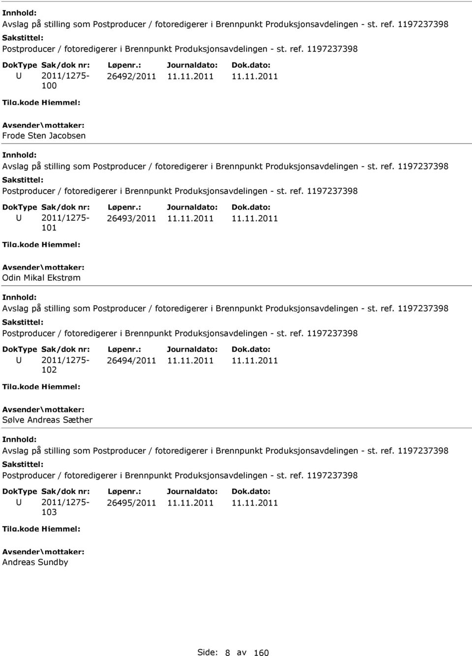 1197237398 2011/1275-100 26492/2011 Frode Sten Jacobsen   1197237398 2011/1275-101 26493/2011 Odin Mikal Ekstrøm   1197237398 2011/1275-102 26494/2011 Sølve Andreas Sæther   1197237398 2011/1275-103