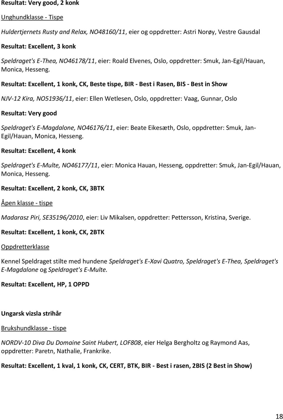 Resultat: Excellent, 1 konk, CK, Beste tispe, BIR - Best i Rasen, BIS - Best in Show NJV-12 Kira, NO51936/11, eier: Ellen Wetlesen, Oslo, oppdretter: Vaag, Gunnar, Oslo Resultat: Very good