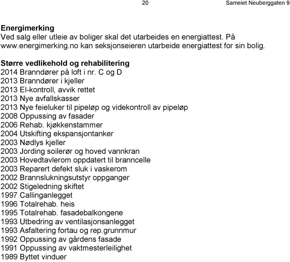 C og D 2013 Branndører i kjeller 2013 El-kontroll, avvik rettet 2013 Nye avfallskasser 2013 Nye feieluker til pipeløp og videkontroll av pipeløp 2008 Oppussing av fasader 2006 Rehab.