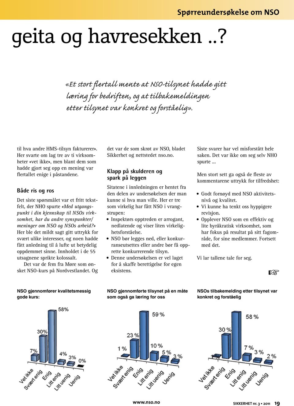 Både ris og ros Det siste spørsmålet var et fritt tekstfelt, der NHO spurte «Med utgangspunkt i din kjennskap til NSOs virksomhet, har du andre synspunkter/ meninger om NSO og NSOs arbeid?