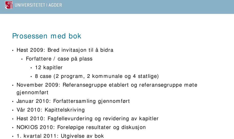 gjennomført Januar 2010: Forfattersamling gjennomført Vår 2010: Kapittelskriving Høst 2010: