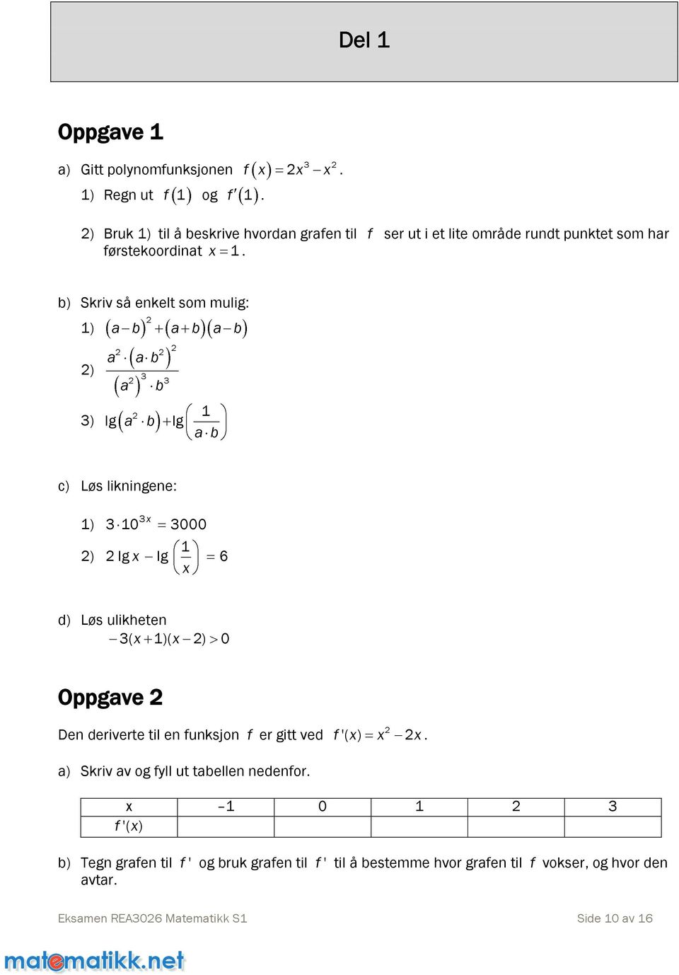 b) Skrivsåenkeltsommulig: 1) a b a b a b ) a ab 3 3 a b 3) lg a b lg 1 ab c) Løs likningene: 1) ) 3x 310 3000 1 lgx lg 6 x d) Løs ulikheten