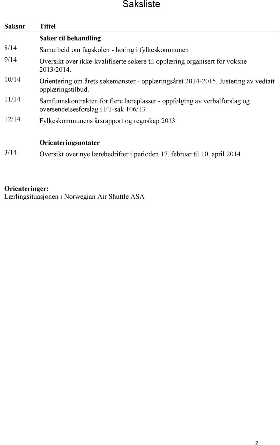 11/14 Samfunnskontrakten for flere læreplasser - oppfølging av verbalforslag og oversendelsesforslag i FT-sak 106/13 12/14 Fylkeskommunens årsrapport og