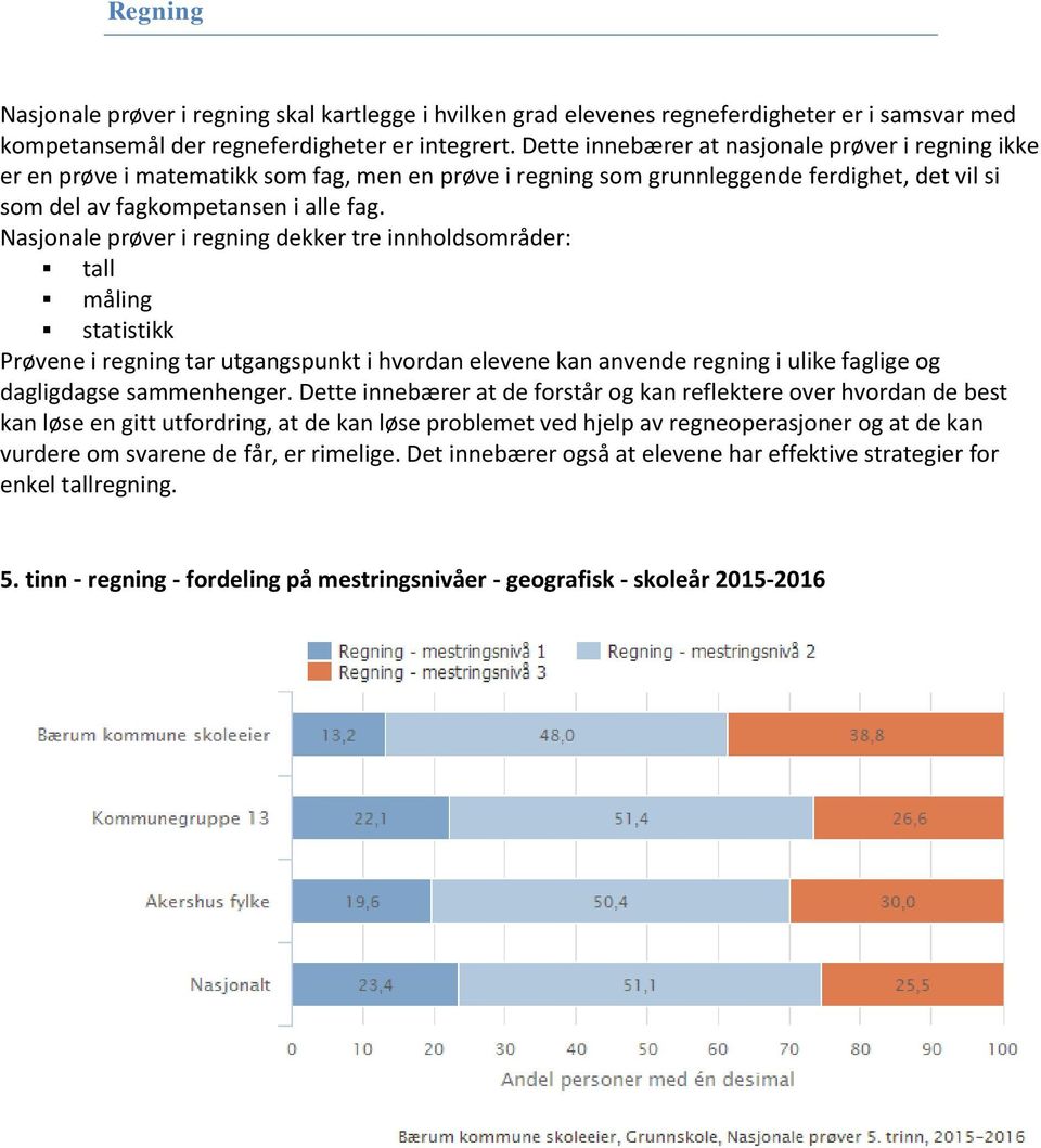 Nasjonale prøver i regning dekker tre innholdsområder: tall måling statistikk Prøvene i regning tar utgangspunkt i hvordan elevene kan anvende regning i ulike faglige og dagligdagse sammenhenger.