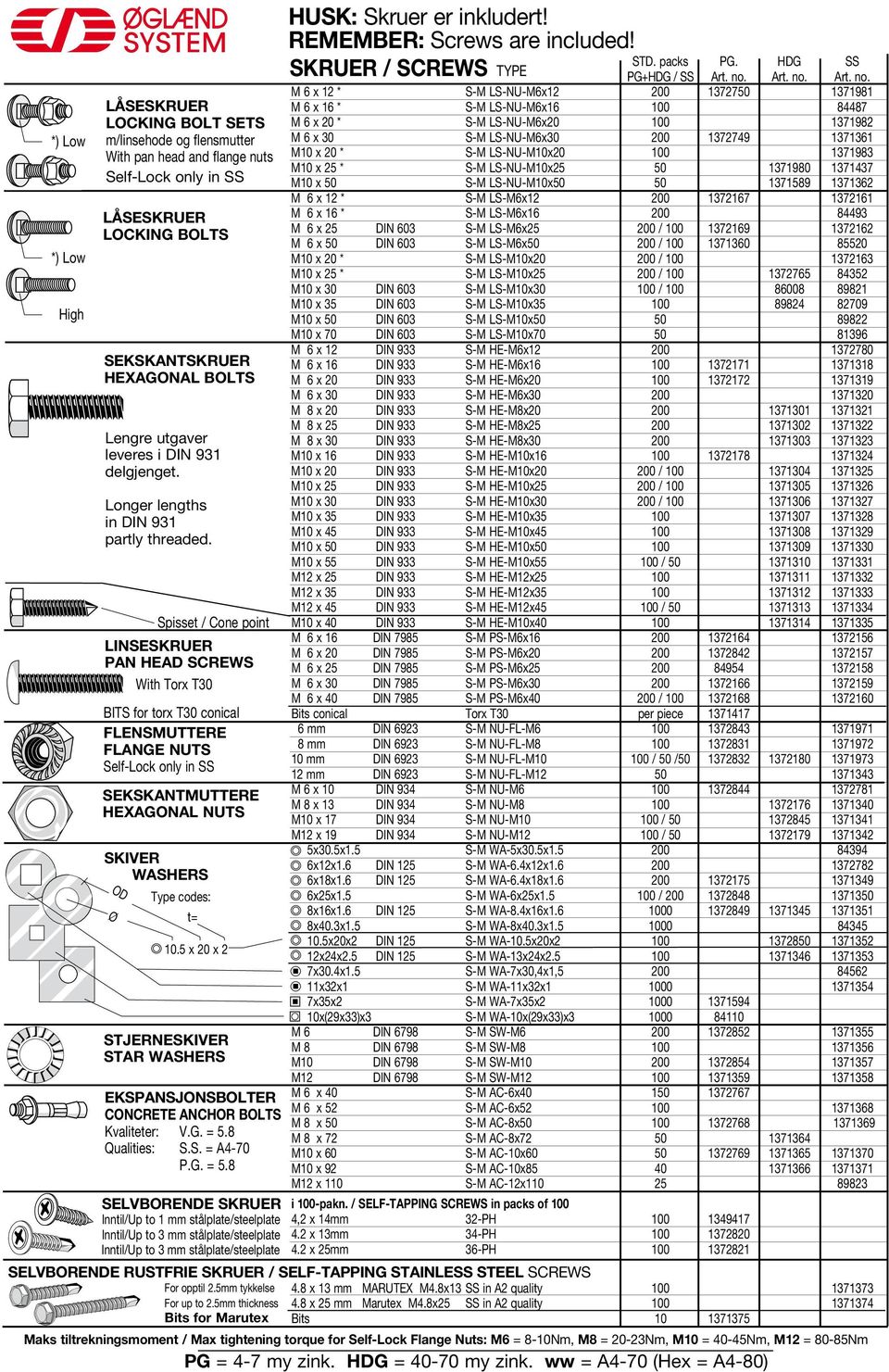 Spisset / Cone point LINSESKRUER PAN HEAD SCREWS With Torx T BITS for torx T conical FLENSMUTTERE FLANGE NUTS Self-Lock only in SS SEKSKANTMUTTERE HEXAGONAL NUTS SKIVER WASHERS Type codes: t= OD Ø 10.