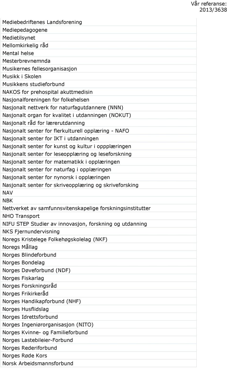 Nasjonalt senter for flerkulturell opplæring - NAFO Nasjonalt senter for IKT i utdanningen Nasjonalt senter for kunst og kultur i oppplæringen Nasjonalt senter for leseopplæring og leseforskning