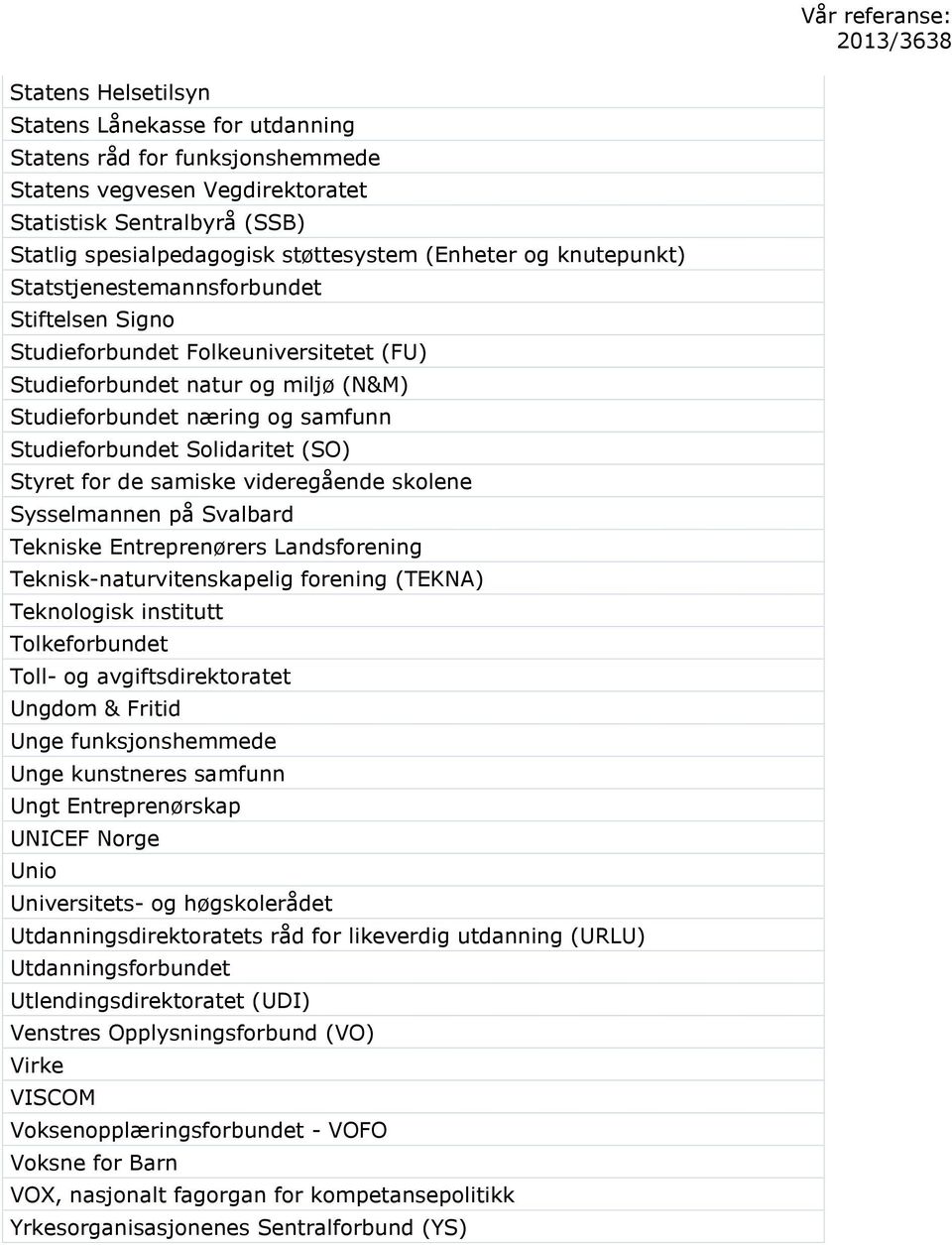 (SO) Styret for de samiske videregående skolene Sysselmannen på Svalbard Tekniske Entreprenørers Landsforening Teknisk-naturvitenskapelig forening (TEKNA) Teknologisk institutt Tolkeforbundet Toll-