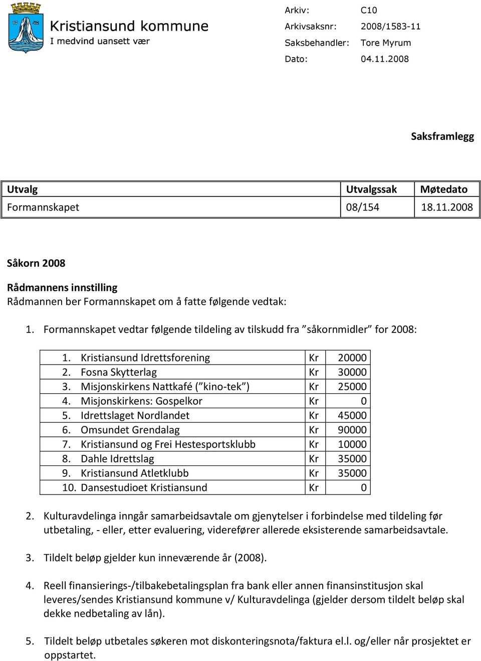 Misjonskirkens: Gospelkor Kr 0 5. Idrettslaget Nordlandet Kr 45000 6. Omsundet Grendalag Kr 90000 7. Kristiansund og Frei Hestesportsklubb Kr 10000 8. Dahle Idrettslag Kr 35000 9.