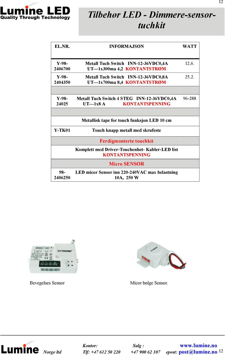 Y-98-24025 Metall Tuch Switch 4 STEG INN-12-36VDC0,4A UT 1x8 A KONTANTSPENNING 96-288 Y-TK01 98-2406250 Metallisk tape for touch funksjon LED 10 cm Touch knapp metall med skrufeste