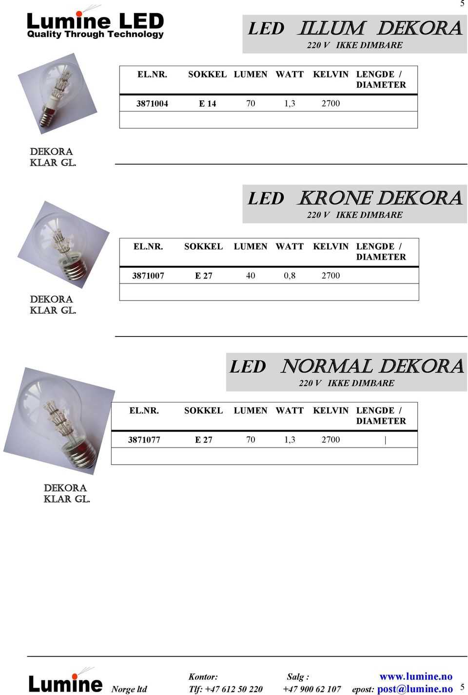 LED KRONE DEKORA 220 V IKKE DIMBARE SOKKEL LUMEN WATT KELVIN LENGDE / DIAMETER 3871007 E 27 40 0,8 2700 DEKORA 