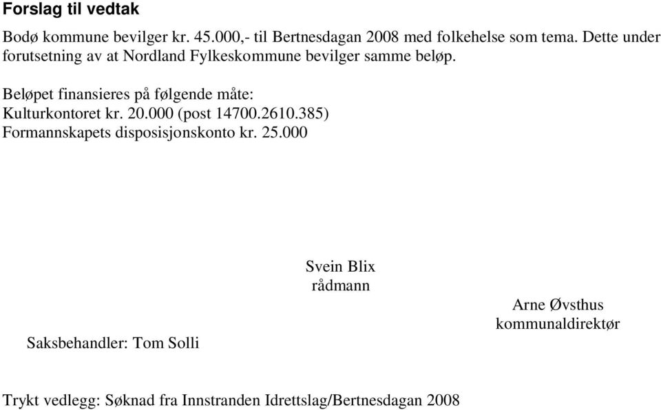 Beløpet finansieres på følgende måte: Kulturkontoret kr. 20.000 (post 14700.2610.