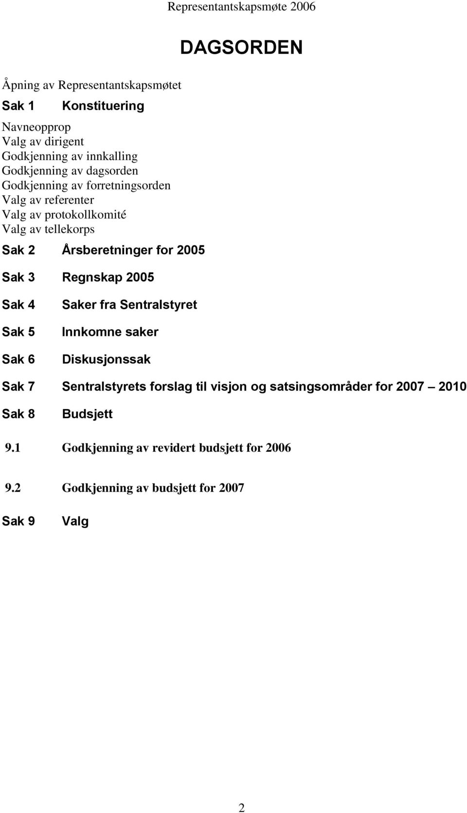 Regnskap 2005 DAGSORDEN Sak 4 Sak 5 Sak 6 Saker fra Sentralstyret Innkomne saker Diskusjonssak Sak 7 Sentralstyrets forslag til visjon